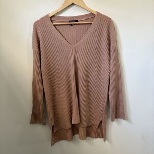 Eileen Fisher Women's Cashmere Sweater Large V-Neck Pink Rib Knit Long Sleeve